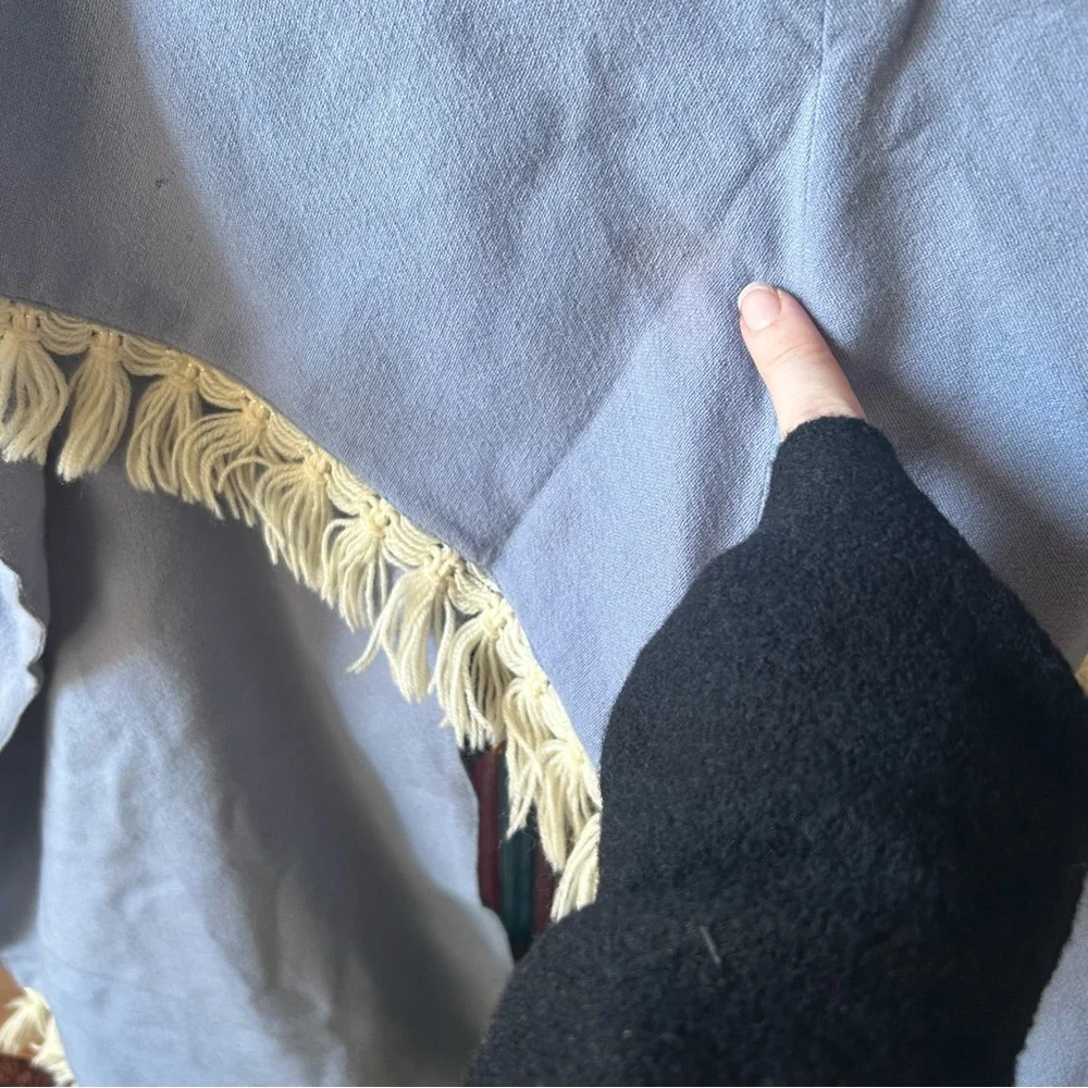 Vintage 60s Light Blue Shawl with Cream Fringe and Pockets